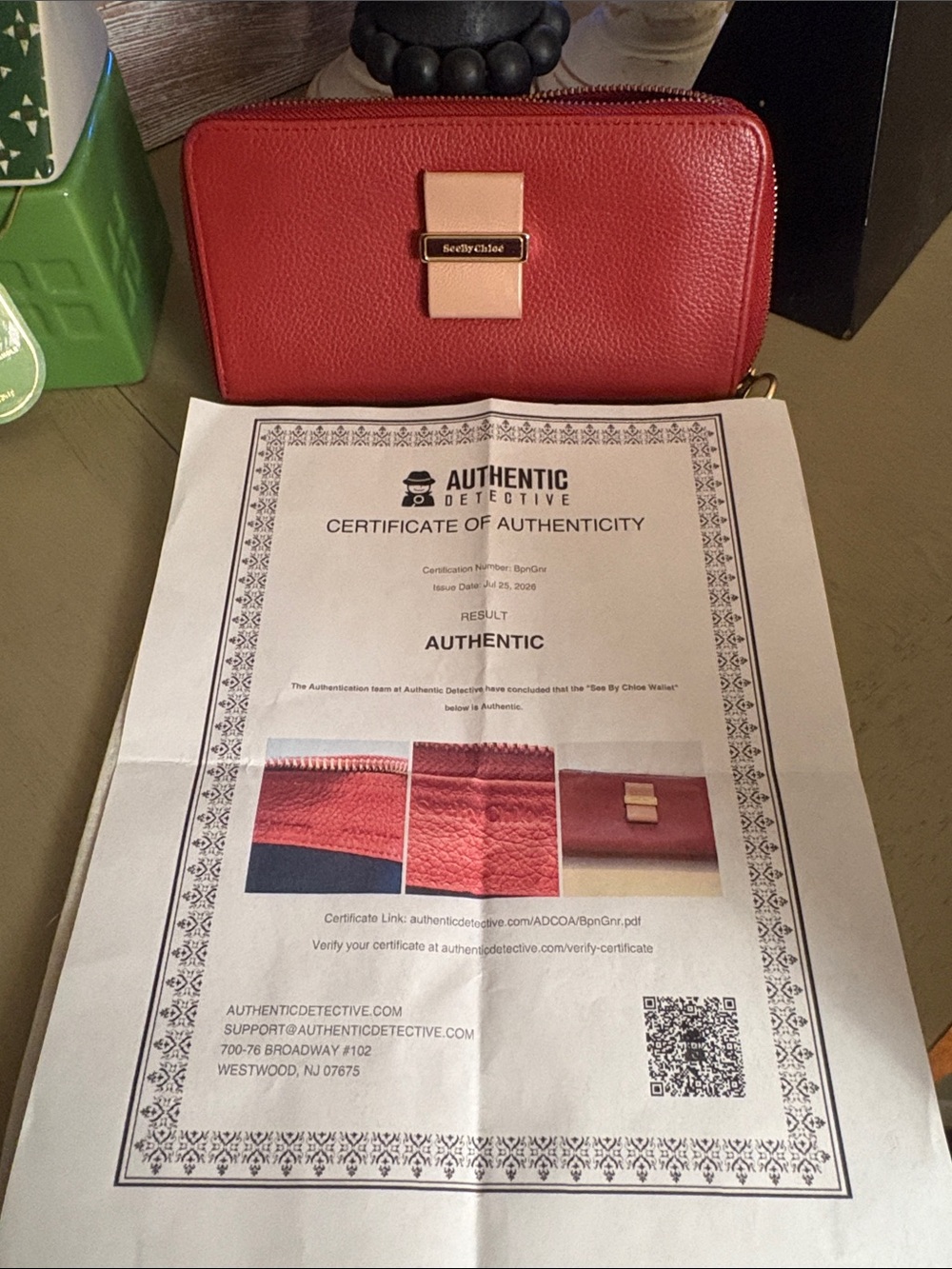 See By Chloe Coral and Pale Pink Zip-Around Leather Wallet with COA